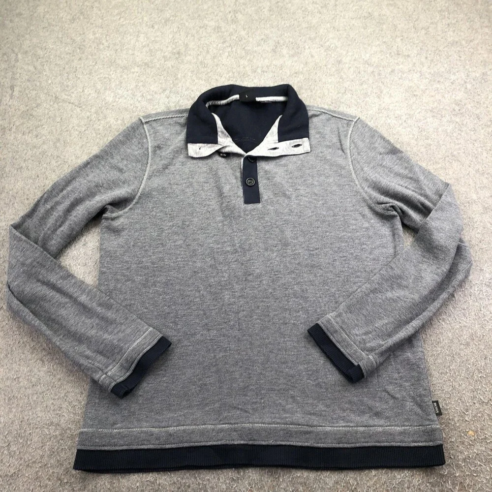 Hugo Boss Sweater Mens Large Gray Collared Knit Pullover Striped Long Sleeve